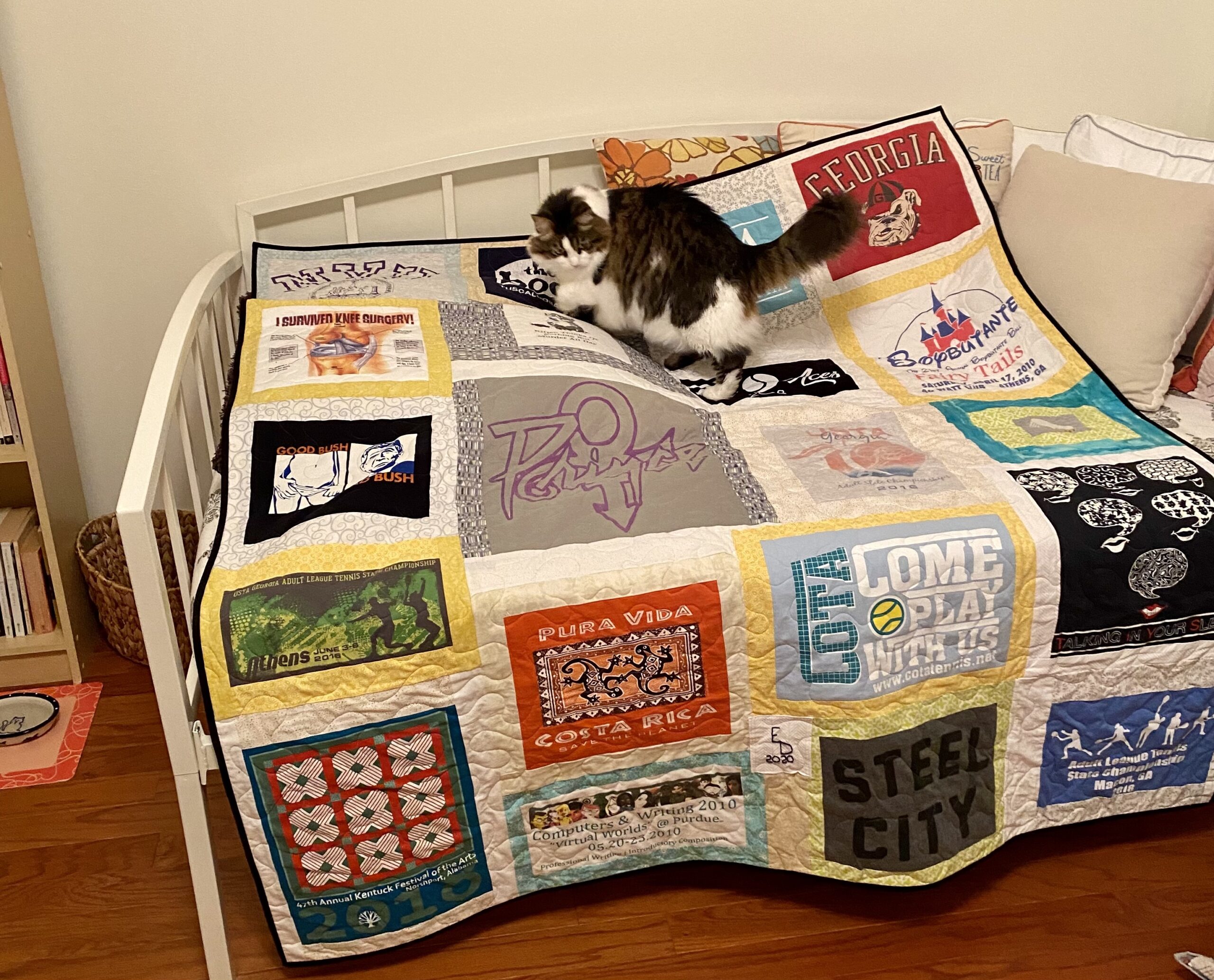Finished quilt laid out on bed with brown and white cat walking on and sniffing it.