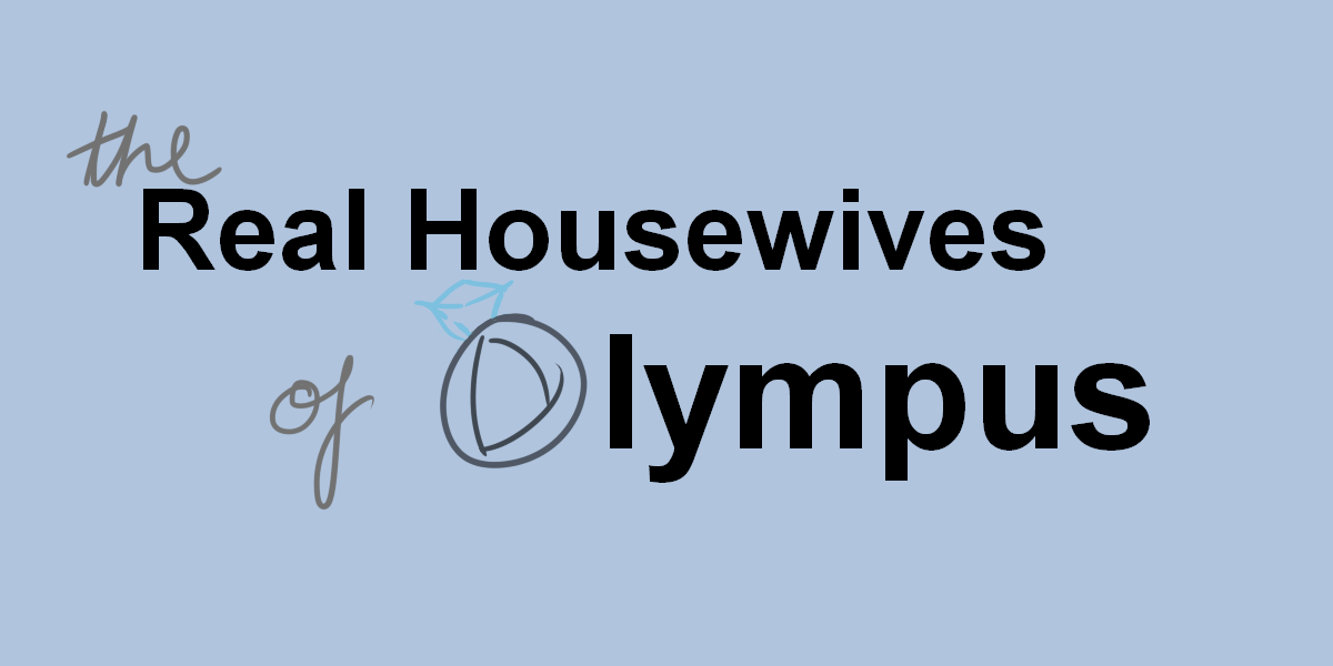 Title: The Real Housewives of Olympus on blue background