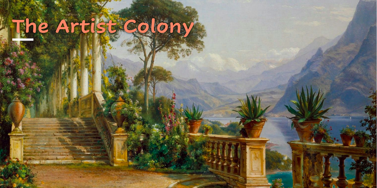 painting of patio overlooking lake in the mountains